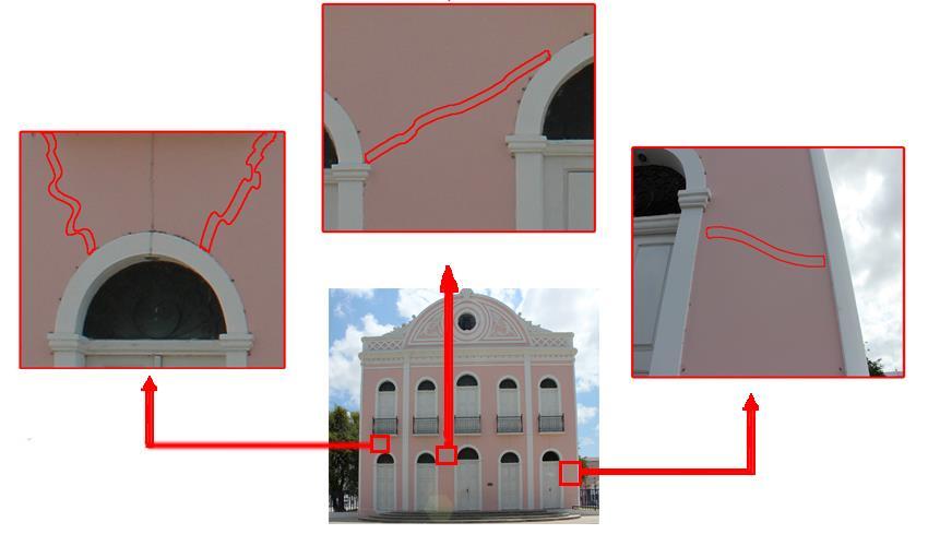 Figura 4: Mapeamento do contorno das fissuras na fachada do: Teatro São João; e Igreja Menino Deus. 4.2 Degradação das paredes das fachadas pela presença de bolor De modo geral, em ambas as fachadas inspecionadas foram evidenciadas a presença de bolor, que segundo Alucci et al.