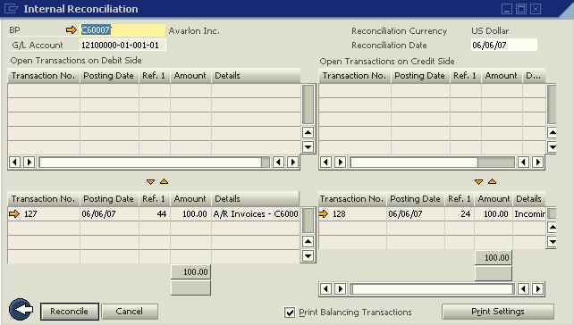 Reconciliação cancelada Nos releases do SAP Business One anteriores ao 2007 B, quando você cancelava uma reconciliação manual (Banco Extratos de conta e reconciliações Administrar reconciliações