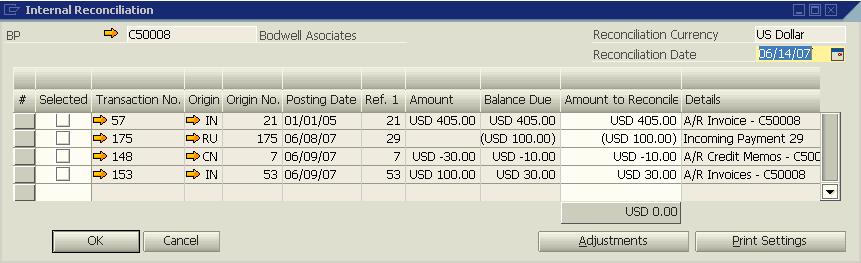 Após o upgrade para o SAP Business One 2007 B: O relatório de Verificação de upgrade de reconciliações internas exibe o lançamento contábil manual de upgrade criado para corrigir a inconsistência.