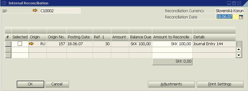 Ao selecionar a linha específica que exibe o lançamento contábil manual de upgrade e selecionando Reconciliação interna, abre-se a janela Reconciliação interna, que é uma novidade no SAP Business One