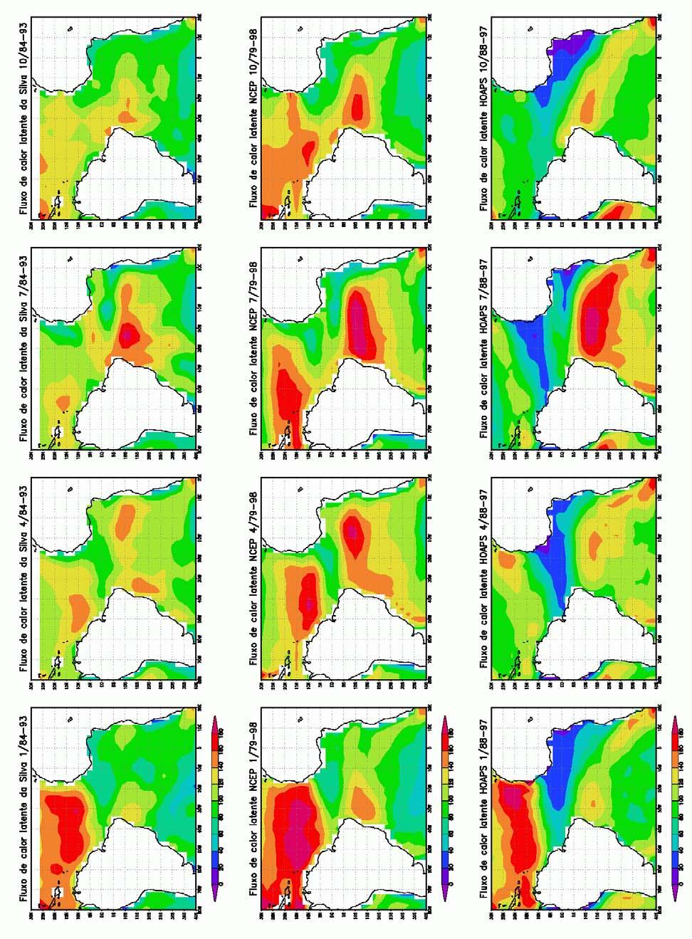 Figura 2: Climatologia dos três conjuntos de dados de fluxo de calor latente (W/m 2 ), de Da Silva