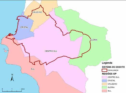 Em relação às Regiões do OP, o SES Cavalhada abrange parcialmente as regiões Centro-Sul, Cruzeiro, Cristal, Glória e Sul, conforme a Figura 5.44. Figura 5.44 SES Cavalhada e Regiões do OP Fonte: Dmae (2013) 5.