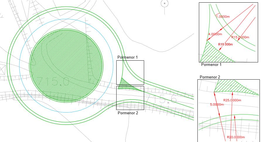 Figura 18 - Pormenores das medidas dos raios de entrada e saída entre a rotunda A e o restabelecimento 1 Como apresentado na figura 19, foi utilizada uma largura de 5m da via de saída da rotunda e 4m