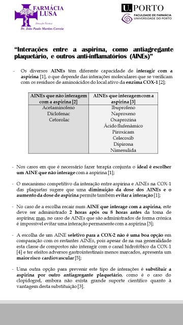Anexo IV Tabela resumida e conclusões do trabalho Interações entre a aspirina, como antiagregante