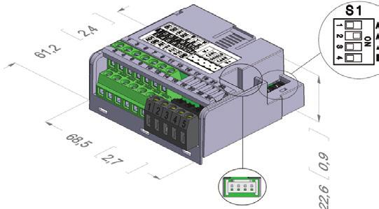 Appendix A - Anexo A DI1 DI2 +24 V DO2 DO1- NO DO1- C DO1- NC V- CANL SHIELD CANH V+ 1 3 5 7 9 11 13 10 12 14 2 4 6 8 AO1 GND AI1 +10 V A(-) B(+) GND 61.2 2.4 1 2 3 4 S1 ON AI1 AO1 A(-) B(+) 68.5 2.