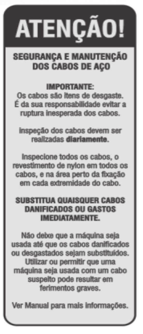 INSTRUÇÕES ATENÇÃO! Na carenagem frontal de cada equipamento, você encontra informações relativas a SEGURANÇA E MANUTENÇÃO DOS CABOS DE AÇO.