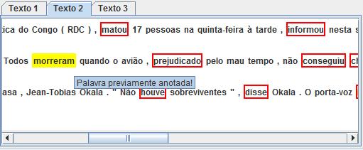 tenha sido anotada com um sentido y, todas as demais ocorrências de x também são pré-anotados pelo editor com y. No NASP++, as demais ocorrências de x préanotadas com y são destacadas de amarelo.