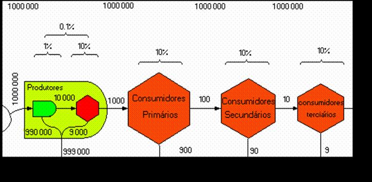Exemplo: fluxo de E em uma floresta RFA = 1.000.000 J ~1% desta E é transformada pelos produtores em biomassa vegetal ou seja 10 000 J.ano -1 de biomassa são produzidas. 999.