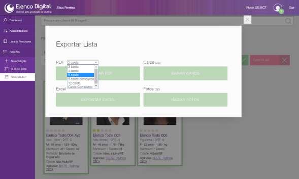 DASHBOARD SELECTS: Exportação de Listas, Relatórios e Arquivos sobre o Elenco Selecionado Diversas opções de