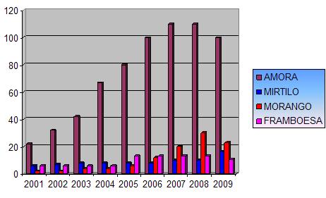 V SIMPÓSIO DO MORANGO IV ENCONTRO SOBRE PEQUENAS FRUTAS E FRUTAS NATIVAS DO MERCOSUL Figura 1: Evolução da área em ha de produção de amora, framboesa, mirtilo e morango (em ha), no período 2001-2009,