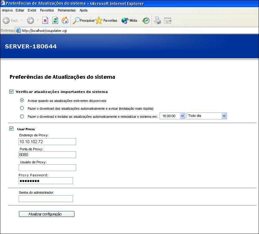 Página 4 Configurar Atualizações do sistema de um navegador da Web Para configurar Atualizações do sistema, especifique as configurações do servidor proxy e selecione o método de verificação