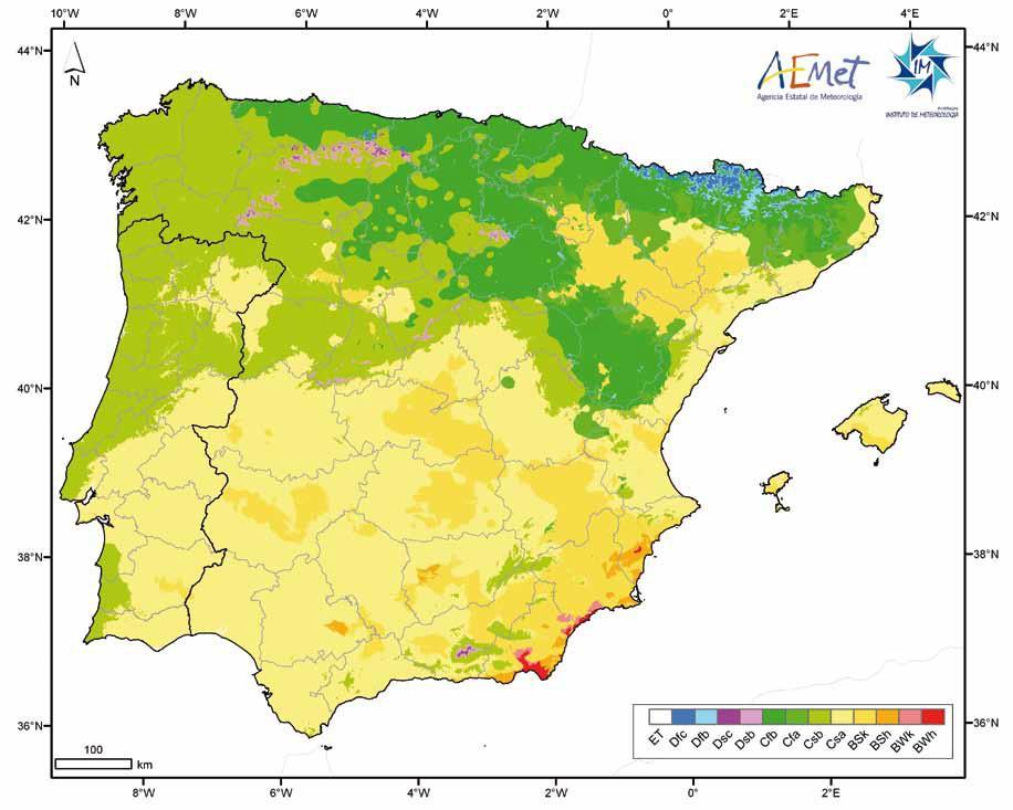 Classificação climática de Köppen-Geiger na Península Ibérica Seco Bsk estepe fria BSh estepe quente BWk deserto frio BWh deserto quente Temperado Cfb temperado sem estação seca com Verão temperado