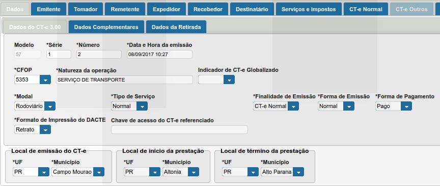 Forma de Pagamento Indique se o serviço de transporte já está pago ou não. Local de início da prestação Selecione qual é a UF e o Município do remetente da mercadoria que será transportada.