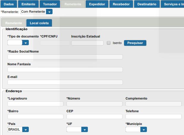 A aba Expedidor deve ser preenchida apenas se existir uma pessoa/empresa terceirizada que fará a entrega da carga ao transportador para o mesmo efetuar o serviço de transporte.