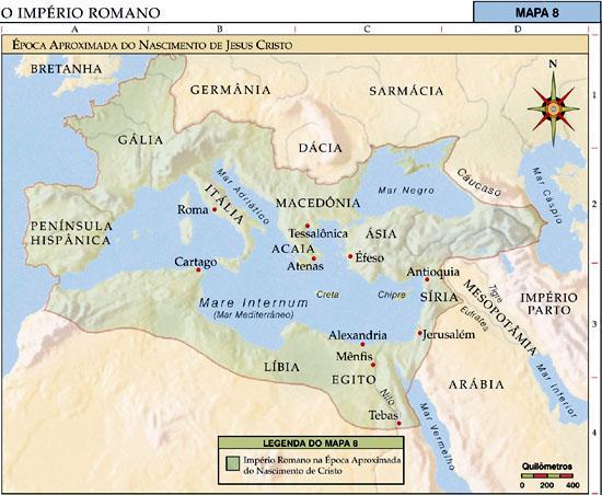 11 Fig. 18: Mapa demonstra ndo as regiões que faziam parte do Império Romano à época do nascimento de Cristo. Fonte: http://scriptures.lds.org/pt/biblemaps/map8.