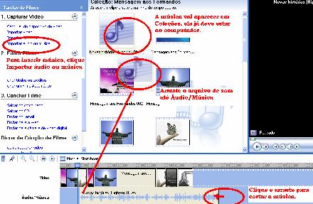 Exemplo: PARA RETIRAR ÁUDIO DE CLIPE OU VÍDEO: - Níveis de áudio - Arrastar o mouse para ÁUDIO DE VÍDEO (O que já está no vídeo.) ou ÁUDIO DE MÚSICA (Música que se deseja colocar de fundo.