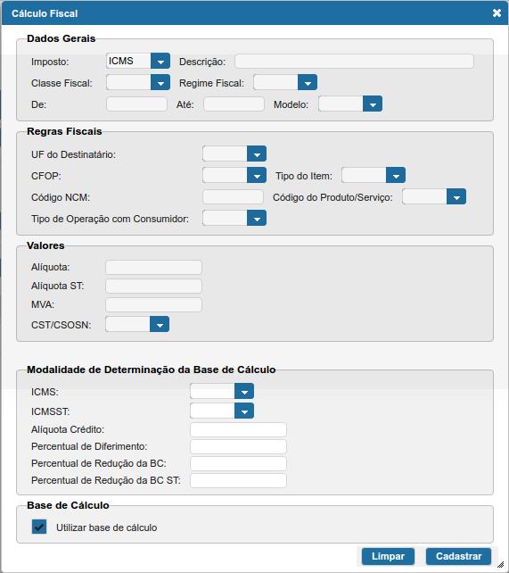 Utilizar Base de Cálculo - Marque a opção caso a tributação tenha base de cálculo.
