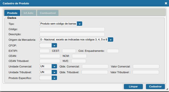 Tipo Indique se o produto possui ou não código de barras. Código Digite o código do produto.