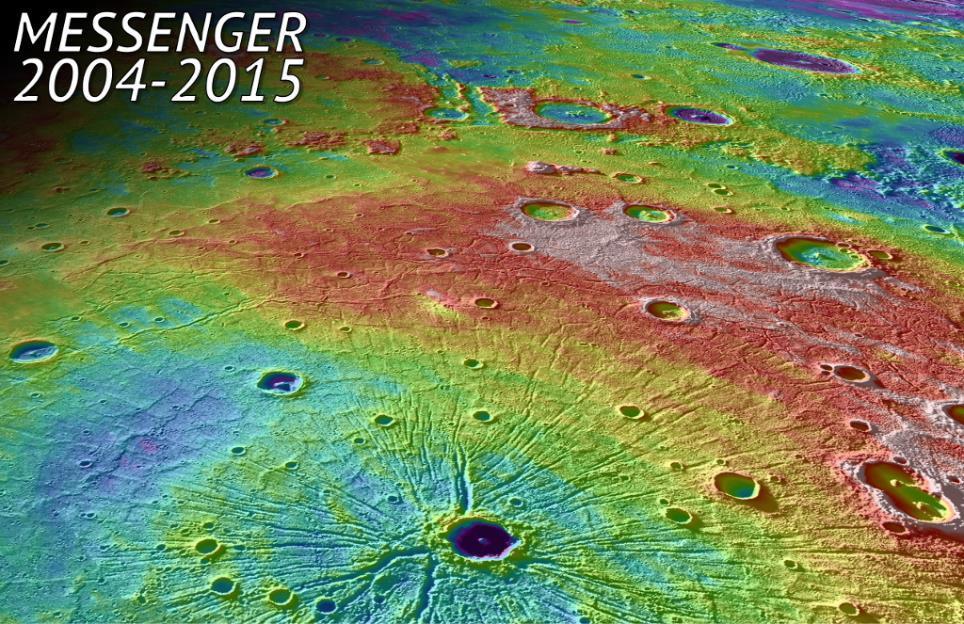 A bacia Caloris tem 1300 km de diâmetro, e provavelmente foi causada por um projétil com uma dimensão > 100 km.