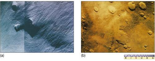 (a)hemisfério Norte : planos formados de lava vulcânica (b)hemisfério Sul : montanhas e