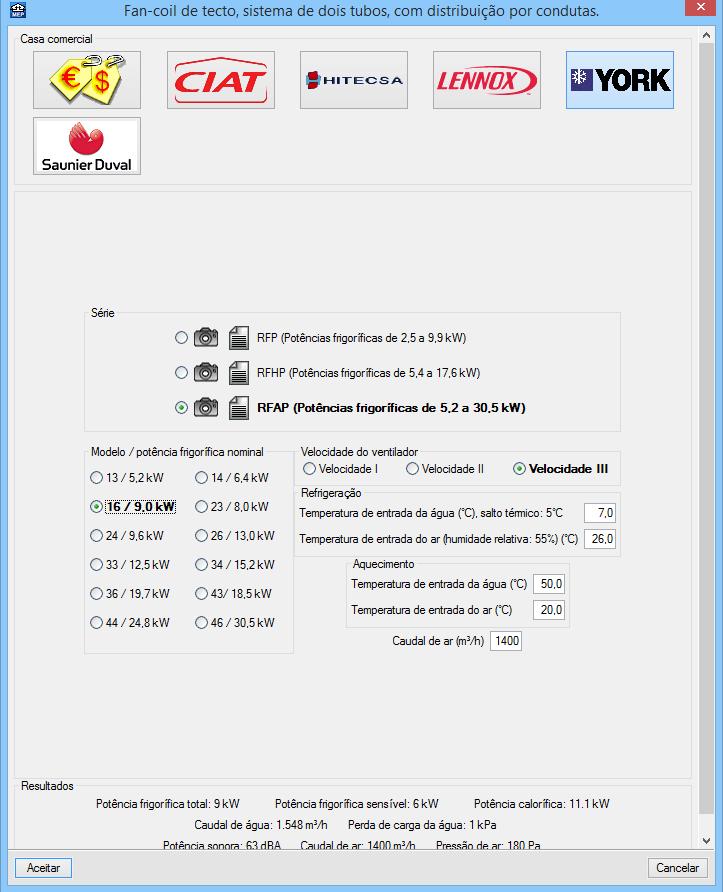 CAD MEP Climatização - Exemplo prático 36 Prima em (PT) ou (AO, CV ou MZ) Novo (obter do Gerador de Preços). Seleccione a marca comercial YORK, a série RFAP e o modelo 16 / 9,0 kw. Fig. 3.15 Prima sempre em Aceitar até voltar a visualizar a planta do edifício.