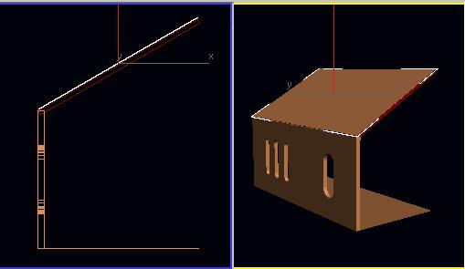 11 - Com os caibros em posição, pode-se criar o forro. No painel Create, ative o botão Box. 12 - Crie a caixa Box na vista Left, mais ou menos, do tamanho do telhado.