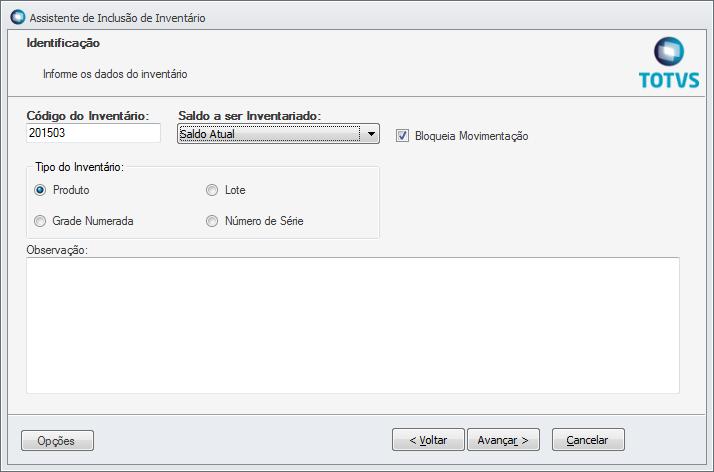 Após a realização dos procedimentos acima, voltamos ao módulo BackOffice >> Gestão de Estoque, Compras e Faturamento e acessamos o menu Estoque >> Inventário >> Manutenção de Inventário.