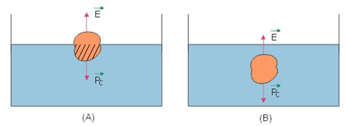 Princípio de Arquimedes No caso da figura A o volume deslocado é o volume da região hachurada. No caso da Figura B o volume deslocado é o próprio volume do corpo.