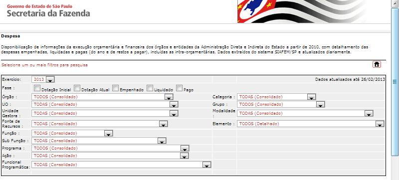 DESPESAS Consideramos como modelo de pesquisa das Despesas do Portal de Transparência do Estado de São Paulo, envolvendo: Exercício, Fase, Órgão, Unidade Operacional, Unidade Gestora, Fonte de