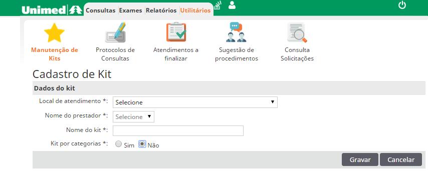 1 Escolha o local de atendimento, 2 nome do prestador que solicitou o kit, digite o 3 nome do kit