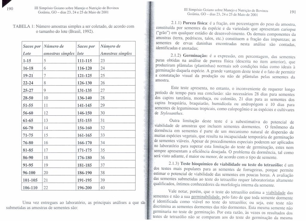 ~o 191 TABELA 1: Número amostras simples a ser coletado, de acordo com o tamanho do lote (Brasil, 1992). Sacos por Número de Sacos por Número.