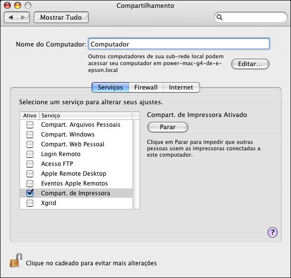Configuração da impressora compartilhada Para compartilhar a Epson Stylus CX7700 com outros computadores Mac OS X na rede, proceda da seguinte forma para configurar o computador que está conectado