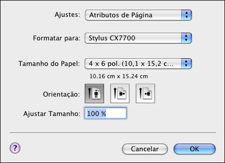 Macintosh OS X 1. Abra o menu Arquivo e selecione Configurar Página. Você verá uma janela como esta: 2. Selecione Stylus CX7700 no menu suspenso Formatar para:. 3.