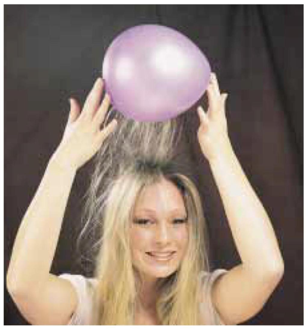 FIGURA 1 Friccionar um balão em seu cabelo em um dia seco torna o balão e seu cabelo eletricamente carregados.