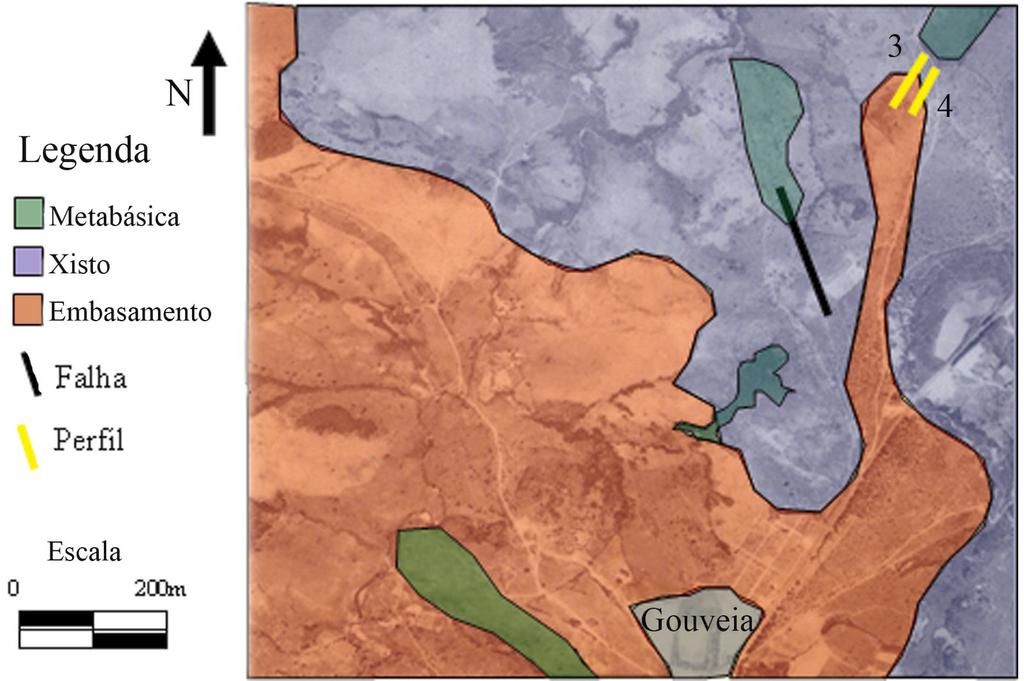 7 Figura 5 Interpretação geológica da foto-aérea, com a localização dos perfis geofísicos 3 e 4, região de