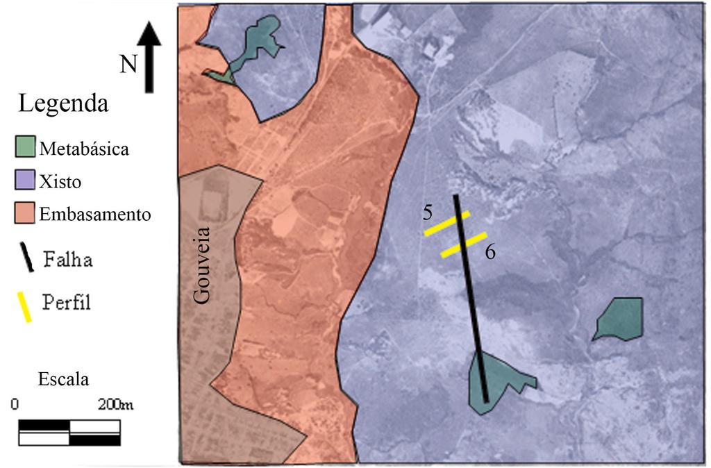 8 Figura 7 Interpretação geológica de foto-aérea, com a localização dos perfis geofísicos 5 e 6, na região de Gouveia, MG.