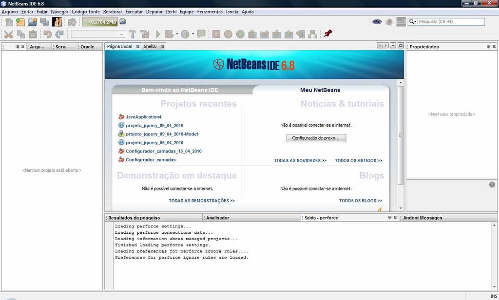 Tela principal do NetBeans Ao ser iniciado o NetBeans apresenta sua interface de desenvolvimento, mostrado na Figura 1. Na parte superior é apresentada à barra de menus.