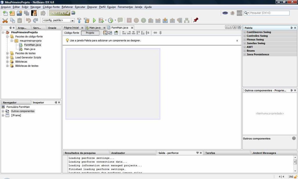Figura 43 - Incluindo um JFrame ao projeto - parte 3 Configurando a Classe Principal do Projeto Por padrão quando criamos um projeto aplicação Java no NetBeans, ele cria uma Classe Main.