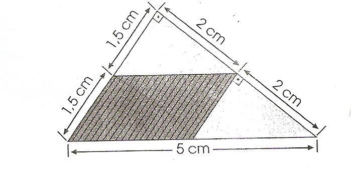 4) (UFV-MG) Considere a figura seguinte: Ilustração 5: triângulo 9 A área hachurada vale: a) 2 cm² c) 5 cm² b) 3 cm² d) 1 cm² Qual a porcentagem que a área hachurada representa?