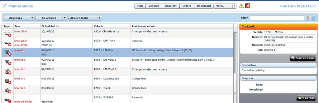 Além disso, o WEBFLEET cria automaticamente uma tarefa de manutenção quando é comunicado um Código de diagnóstico de anomalia.