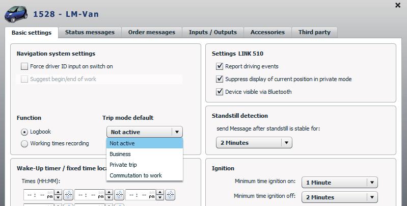 Modo de viagem predefinido Utilizando o LINK 410/510 com a versão de firmware mais recente instalada, pode configurar o LINK para definir automaticamente o estado do registo de um veículo