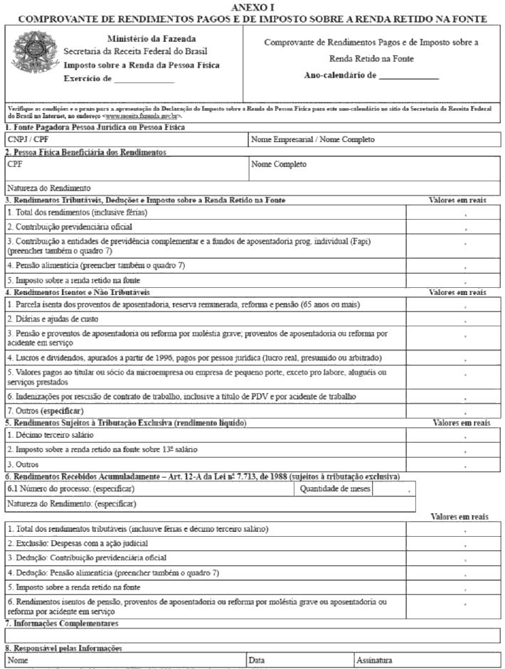 3- Comprovante de Rendimentos Pagos e de Retenção do Imposto de Renda na Fonte O modelo de Comprovante de