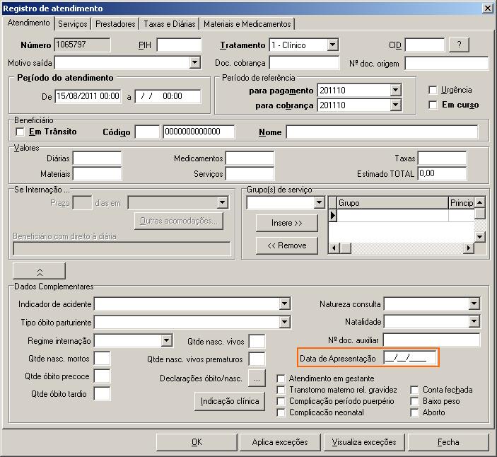 Figura: Registro de atendimento Destaque para campo Data de Apresentação 4.