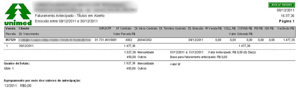 Nesta interface, foram criados filtros para facilitar a busca dos títulos, são eles: Por Título (em aberto, recebidos ou cancelados); Por Período de Referência; Por Ocorrência Exp.