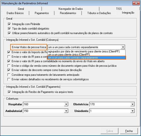 Figura: Parâmetros da Integração As duas primeiras opções já existiam. A novidade é a terceira opção que permite enviar os títulos de pessoa física individualmente para cada contrato.