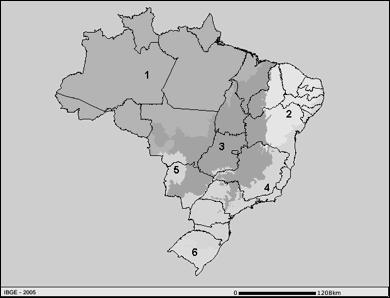 b) Explique como ocorre o ciclo das rochas. 7) (UFAC adaptada) A figura a seguir representa a distribuição geográfica dos biomas no território brasileiro, segundo o IBGE (2005).