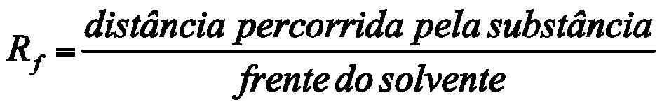 Cromatografia em Camada Delgada Relatar o Resultado de um CCD: O valor de R f R f : ratio to front O valor de Rf é um parâmetro físico da substância e pode ser utilizado para sua identificação caso