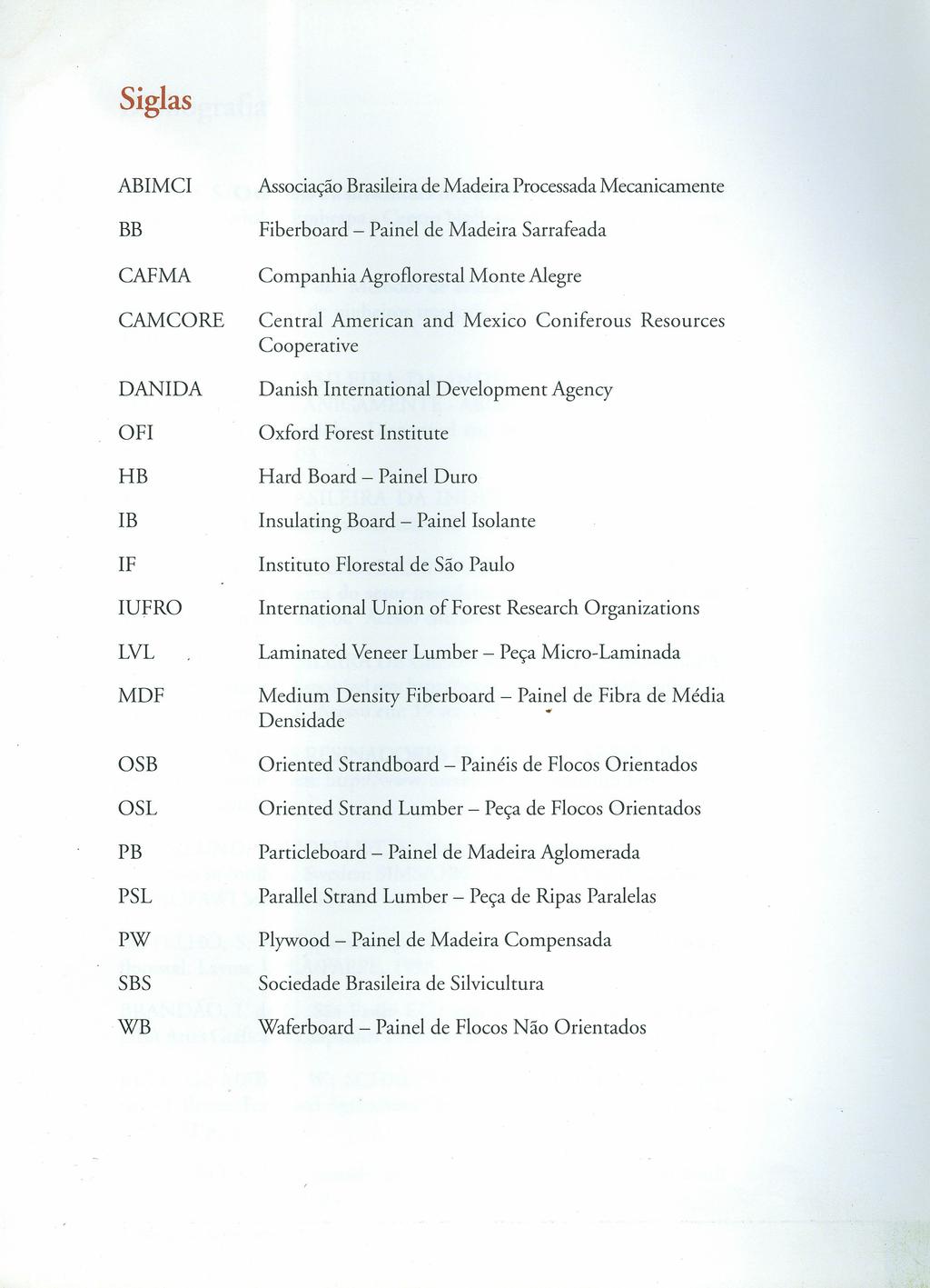 Siglas ABIMCI Associação Brasileira de Madeira Processada Mecanicamente BB Fiberboard - Painel de Madeira Sarrafeada CAFMA CAMCORE DANIDA Companhia Agroflorestal Monte Alegre Central American and