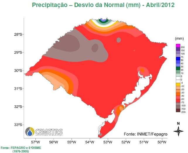 Figura 7 - Precipitação Desvio da Normal, em mm, abril de 2012, segundo informações do Centro de Meteorologia Aplicada da Fepagro.