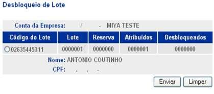 Atenção: os cartões do lote desbloqueado deverão ser cadastrados com senha